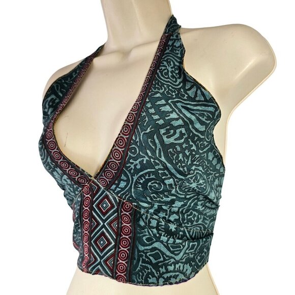 Retro Reversible Halter Crop Top Womens OS Silk Blnd Tie Back Blue Gold - Picture 3 of 11